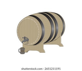 Vector illustration design of a barrel containing wine complete with a tap and a beer mug made of wood to hold the wine