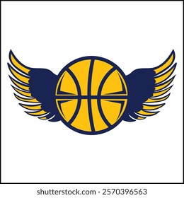 vector illustration design of a basketball with wings and yellow and blue colors in a simple style. suitable for logos, icons, posters, advertisements, banners, companies, t-shirt designs, stickers.