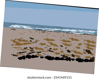 vector illustration design of a beach with blue sky, waves and brown sand, for book covers or logos and others