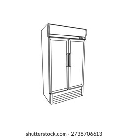 Vector illustration design of a beverage refrigerator display case. Black and white line art of a beverage refrigerator display case.