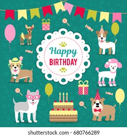 Vector illustration for design of Birthday. Dogs celebrate the holiday.