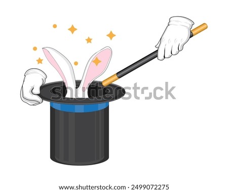 vector illustration design of a black magician's hat. White rabbit ears appear in the hole of the hat and there is a hand holding the hat and a black magician's wand