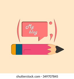 Vector illustration design blog. Social Blog. On the background of a die a pencil and a text. Bright,colorful design of your blog.