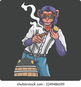 vector illustration design of a blue monkey wearing neat clothes holding a truffle mushroom