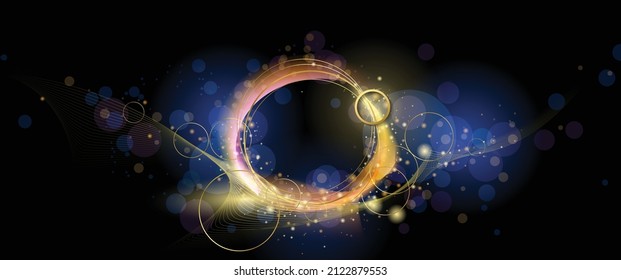 Diseño de ilustración vectorial de brillante brillo dorado, partículas de polvo, efecto de resplandor neón. Resumen de brillantes brillantes, luz de chispa y línea dorada de brillo para movimiento de energía, tecnología sobre fondo de color negro
