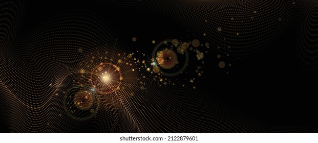 Diseño de ilustración vectorial de brillante brillo dorado, partículas de polvo, efecto de resplandor neón. Resumen de brillantes brillantes, luz de chispa y línea dorada de brillo para movimiento de energía, tecnología sobre fondo de color negro