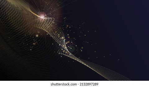 Vector illustration design of bright gold sparkle, dust particle, neon glow effect. Abstract of shiny glitter, spark light and golden shine line for energy motion, technology on black color background