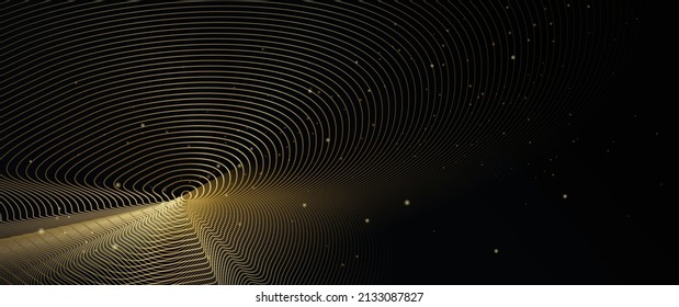 Vector illustration design of bright gold sparkle, dust particle, neon glow effect. Abstract of shiny glitter, spark light and golden shine line for energy motion, technology on black color background