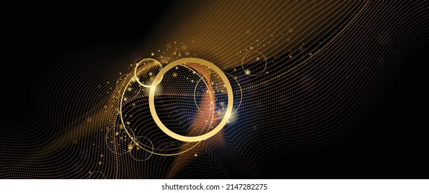 Vector illustration design of bright gold sparkle, dust particle, neon glow effect. Abstract of shiny glitter, spark light and golden shine line for energy motion, technology on black color background