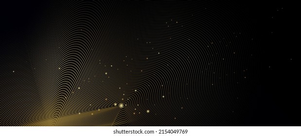 Vector illustration design of bright gold sparkle, dust particle, neon glow effect. Abstract of shiny glitter, spark light and golden shine line for energy motion, technology on black color background
