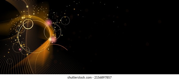 Vector illustration design of bright gold sparkle, dust particle, neon glow effect. Abstract of shiny glitter, spark light and golden shine line for energy motion, technology on black color background