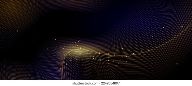Vector illustration design of bright gold sparkle, dust particle, neon glow effect. Abstract of shiny glitter, spark light and golden shine line for energy motion, technology on black color background