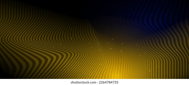 Vector illustration design of bright gold wave - wavy line pattern. Abstract motion of curve lines and light shiny, glow effect. Element graphic design for banner template, cover, wallpaper background