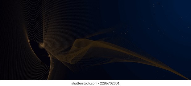 Vector illustration design of bright gold sparkle, dust particle, neon glow effect. Abstract of shiny glitter, spark light and golden shine line for energy motion, technology on black color background
