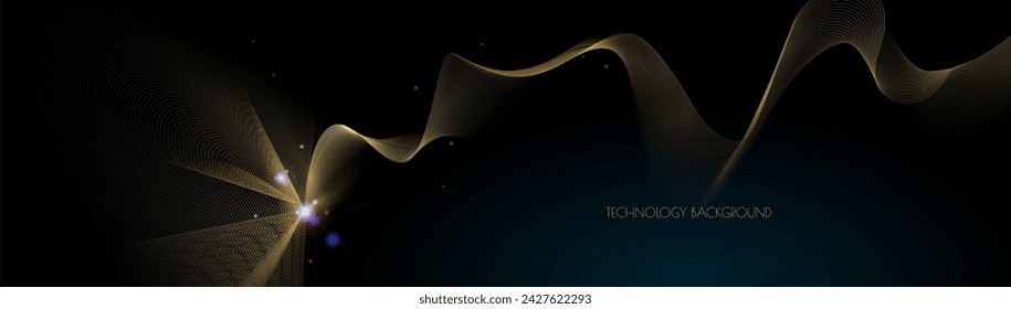 Vektor-Illustrationsdesign. Helle goldene Welle, wellenförmiges Linienmuster. Abstrakte Bewegung von Kurvenlinien, Licht glänzend, Glüheffekt. Element-Grafik-Design für Technologie-Banner-Vorlage, Hintergrundbild