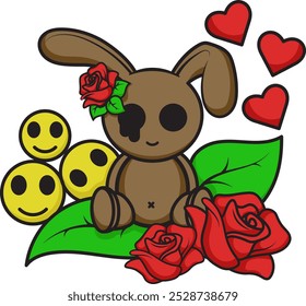 Vector illustration design of bunny doll with roses added, smile and love emotion, eps 10, editable.