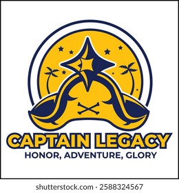 vector illustration design of captain legacy logo with pirate hat in yellow and blue colors. suitable for logos, icons, posters, advertisements, banners, companies, t-shirt designs, stickers, websites