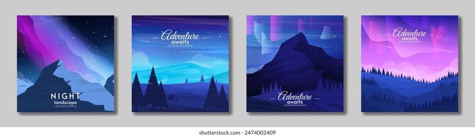Vektorillustration. Design für Karte, Banner, Einladung. Set von Aurora borealis Landschaft. Flaches Design.