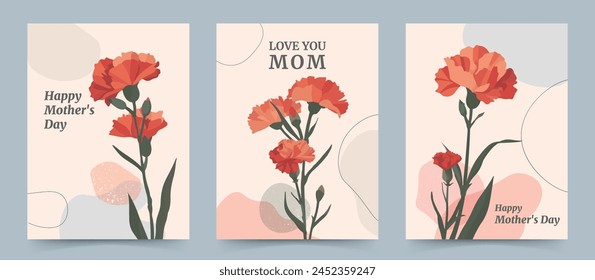 Vector illustration design of carnations depicted in an abstract, organic, minimalist flat style in Matisse style. Mother's Day design concept.