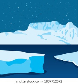 vector illustration design of cartoon icebergs arctic night landscape