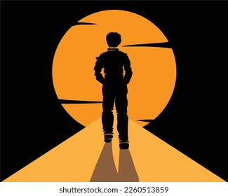 ilustración vectorial de una caricatura de un hombre vestido de negro caminando hacia la puesta de sol en la noche con ambas manos en los bolsillos