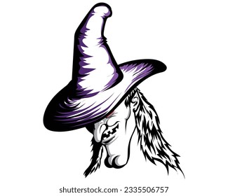 vector illustration design of a cartoon purple wizard in a round and pointed hat with long nose and sparse looking teeth smiling grinning and red eyes