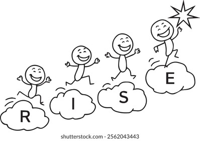 Vector Illustration Design Cartoon RISE A Joyful Journey - A vibrant vector illustration titled "RISE" featuring cheerful cartoon stick figures leaping across clouds spelling "RISE.