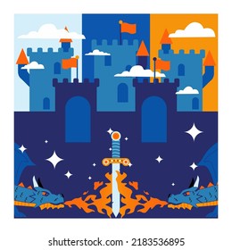 vector illustration design of a castle with a very fierce sword and dragon, can be used as a background or book cover