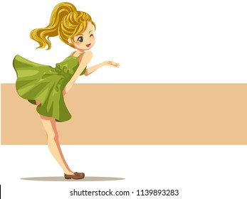 Vector illustration design character cartoon the cute gold hair girl with green dress is stand full body on brown tab and white background 
