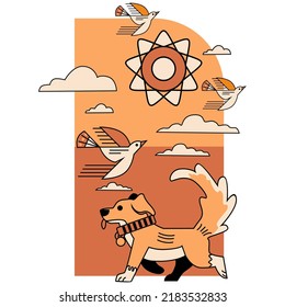 diseño de ilustraciones vectoriales de un perro y ave de aspecto alegre en colores cálidos y limpios, este diseño es perfecto para una portada de libros o para amantes de los animales