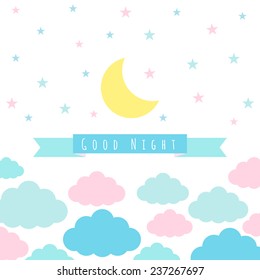 Vector illustration for design. Childish background with moon, clouds, stars and banner for text