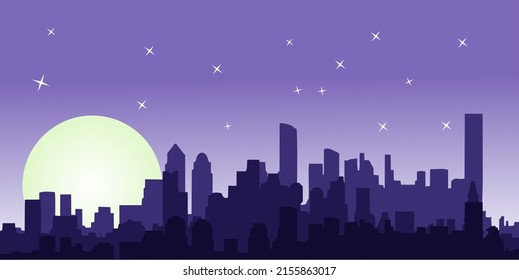 vector illustration design of city building silhouette background at night with shining moon and stars