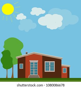 
Vector illustration of a design City landscape with a house and woods outdoors in summer weather with the sun. abstract architecture.