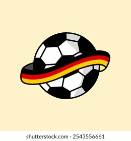 Vector illustration design of a classic black and white soccer ball wrapped in a ribbon in the colors of the German flag, on a clean and bright background.