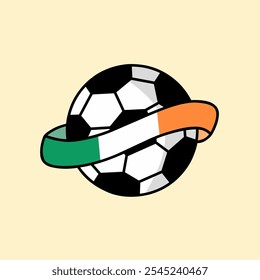 Vector illustration design of a classic soccer ball with an Irish flag ribbon wrapped around it, Perfect for fans and enthusiasts of soccer, and national pride.