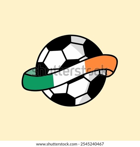 Vector illustration design of a classic soccer ball with an Irish flag ribbon wrapped around it, Perfect for fans and enthusiasts of soccer, and national pride.