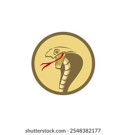 Diseño de Ilustración vectorial de un ícono del logotipo de la serpiente de cobra con cabeza y cuello aplanados con la boca abierta, mostrando sus colmillos y lengua.