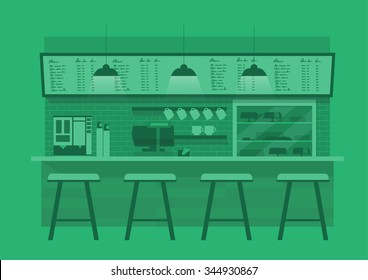 vector illustration design of coffee shop,coffee bar,counter, green monotone color background,flat style 