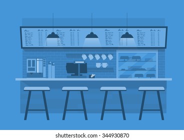 Vector Illustration Design Of Coffee Shop,coffee Bar,counter, Blue Monotone Color Background,flat Style 