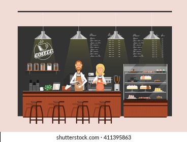 vector illustration design of coffee shop,coffee bar,counter,background,flat style,with  baristas 