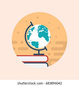 Vector Illustration Design Concept of a Globe on Books. Flat School Icons