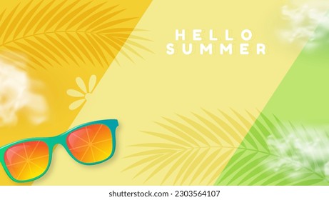 Ilustración vectorial con un concepto de diseño de verano hola en un estilo divertido, lleno de elementos que le dan un ambiente de vacaciones tropical. Esta ilustración es perfecta para proyectos de diseño relacionados con el verano.