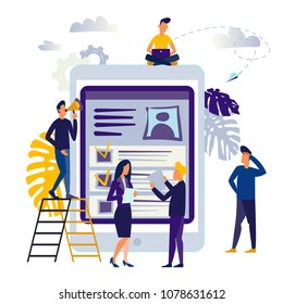 vector illustration design concept on white background. metaphor for candidates for vacancies, review of summaries. small people are studying the application form