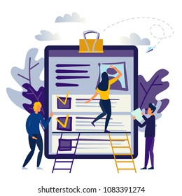 vector illustration design concept on white background. metaphor for candidates for vacancies, review of summaries. small people are studying the application form