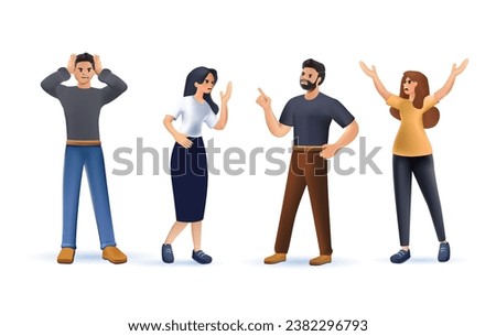 vector illustration design concept on white background. a set of a couple of people quarrel and swear 3D illustration. Aggressive people yell at each other. design graphics in a flat 3D cartoon stye