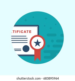Vector Illustration Design Concept of a School Certificate with a Star Badge. Flat School Icons