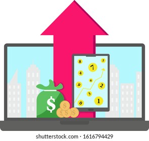 vector illustration design concepts Bitcoin business with laptop computer. Commerce, ebusiness