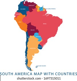 Vector Illustration Design Of Continent South America Map With Countries Name And Border,for Website,template,wallpaper,brochure,leaflet,flyer,banner,presentation,projects