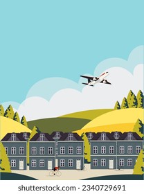 Vector illustration. Design for cover, travel poster, postcard. City, field, airport, village. City life. Small city.