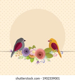Vector and illustration design. craft paper flowers and birds, spring, autumn, wedding and valentine festive floral bouquet, decorative embellishment.